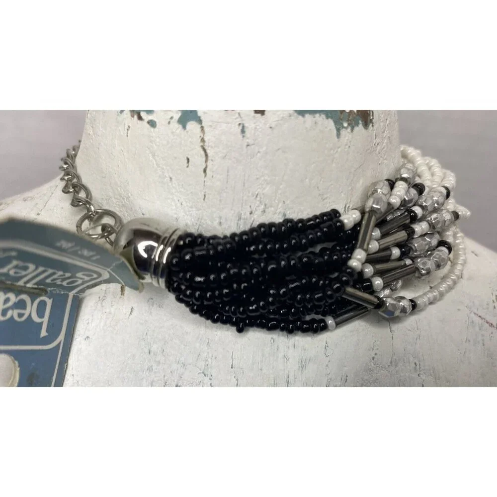 Glass Bead BRACELET Braided Seed Bead Chunky Southwesten Jewelry Black & White - Picture 4 of 5